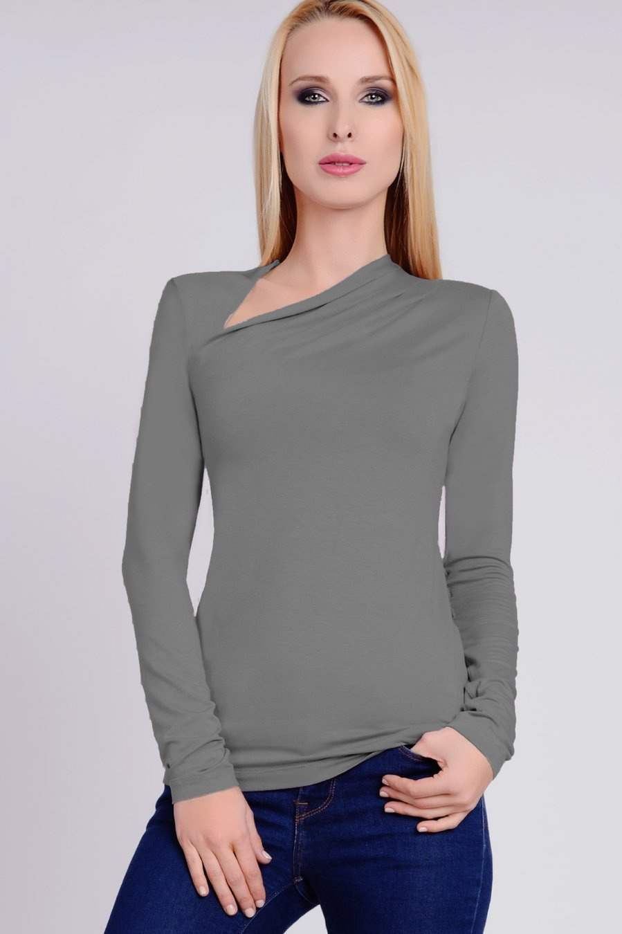 Camila Dopasowana dzianinowa szara bluzka z  asymetrycznym dekoltem
