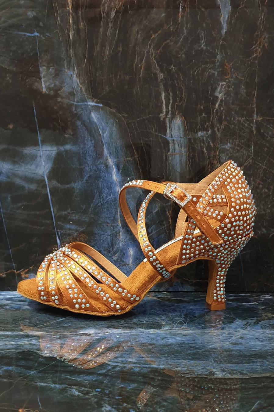 Latin dance shoes with crystals, for wedding, satin and natural leather wedding, bronze color, heel 7,5 cm flare, Darling Crystal.