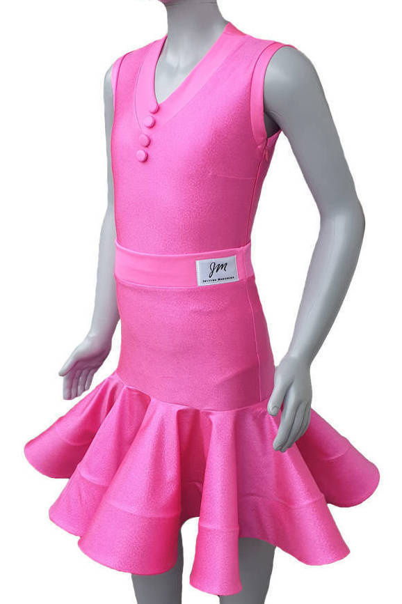 Sukienka turniejowa pierwszy krok dla dziewczynki do łaciny, z metalicznej lycry w kolorze Neo różowa, strój do tańca Caro.