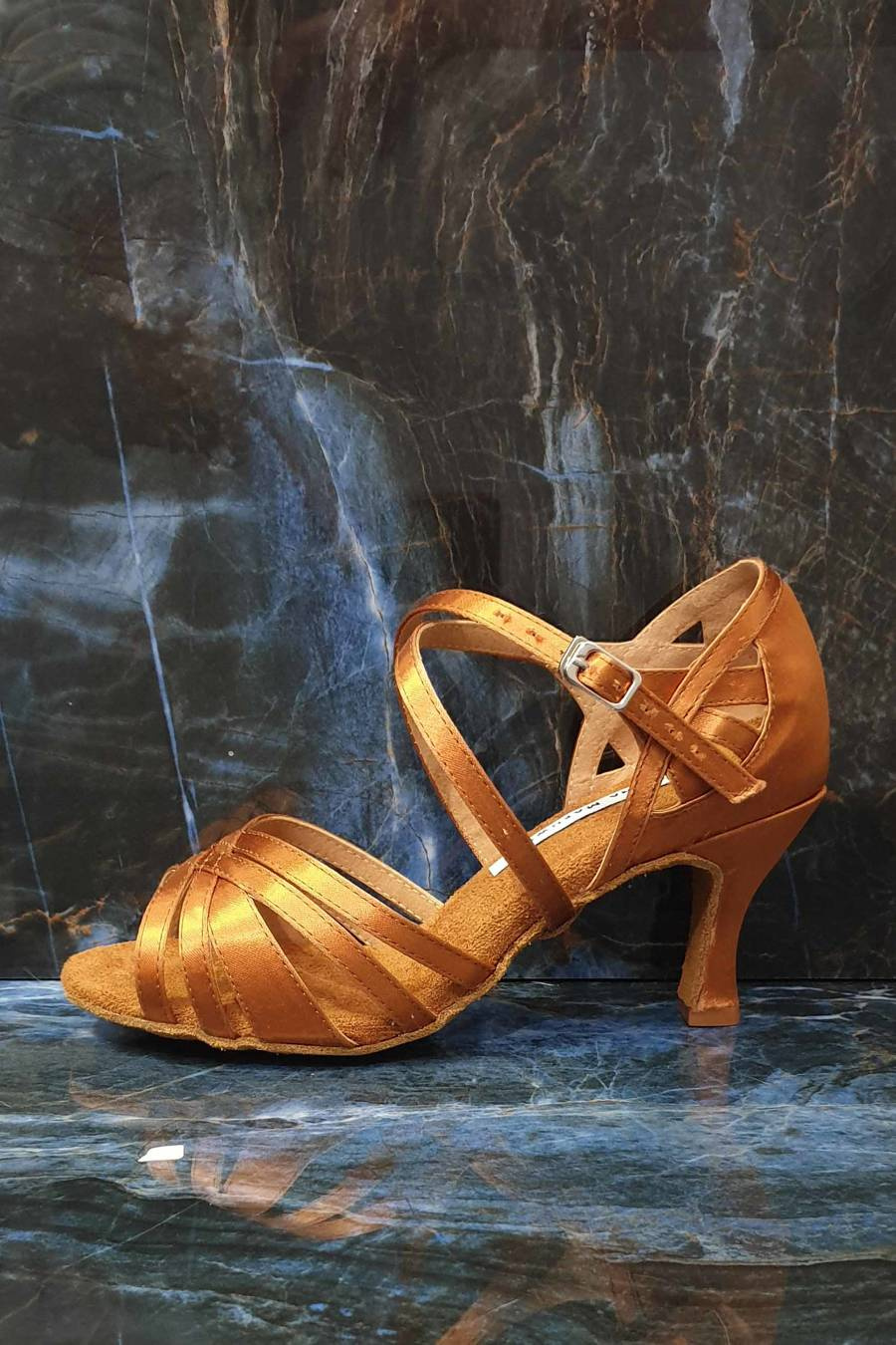 Buty do tańca latynoamerykańskiego, na ślub, wesele satyny i naturalnej skóry, kolor brąz, obcas 7,5 cm flare, Darling