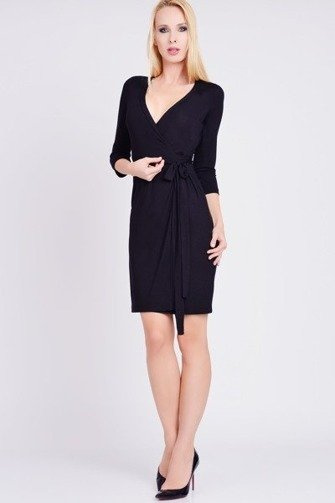 Sukienka kopertowa wiązana w pasie midi ołówkowa z cienkiej dzianiny, sukienka do biura, czarna, Dina