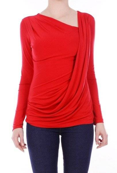 Chiara Drapowana czerwona bluzka na długi rękaw na wieczór i do pracy