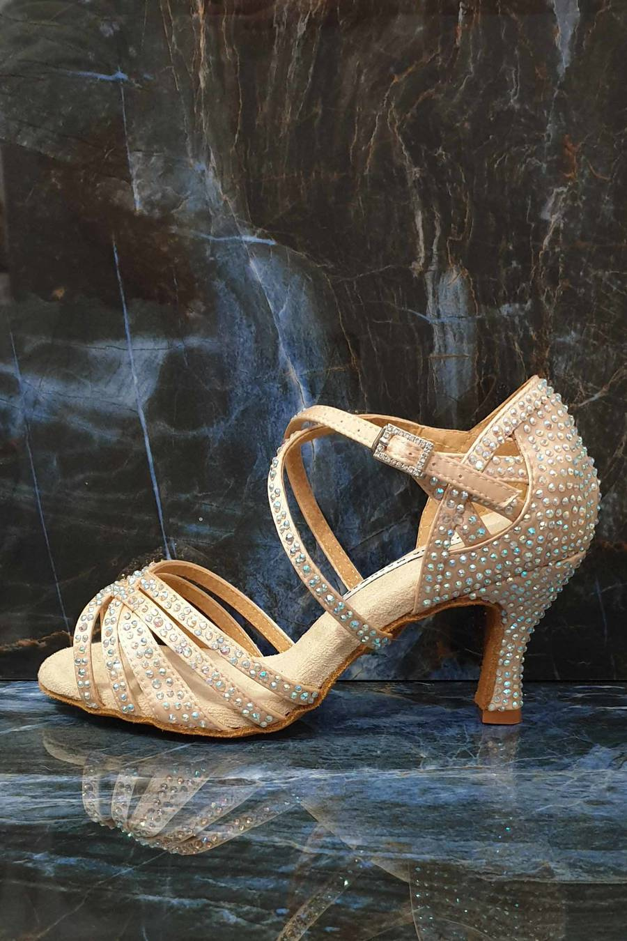 Latin dance shoes with crystals, for wedding, satin and natural leather wedding, nude color, heel 7,5 cm flare, Darling Crystal.