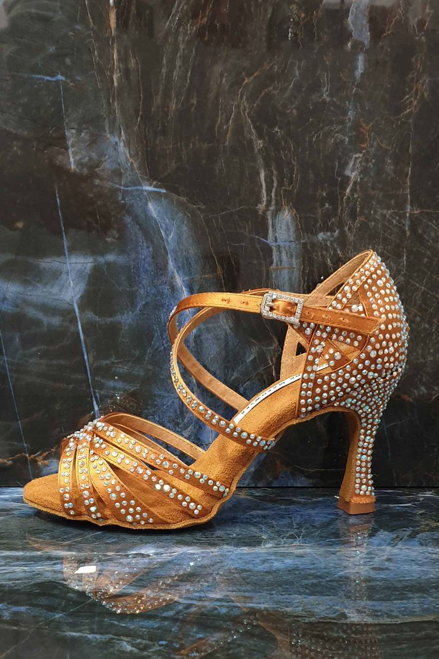 Buty do tańca latynoamerykańskiego, latino z kryształkami, na ślub, wesele satyny i naturalnej skóry, kolor brąz, obcas 9 cm flare, Darling Crystal.